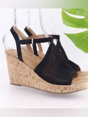 Franco Sarto Black Perforated T-Strap 4” Cork Wedge Sandals